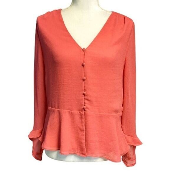 Vince Camuto V-Neck Button Bell Sleeve Salmon Pink Lined Peplum Blouse Medium - Picture 1 of 8